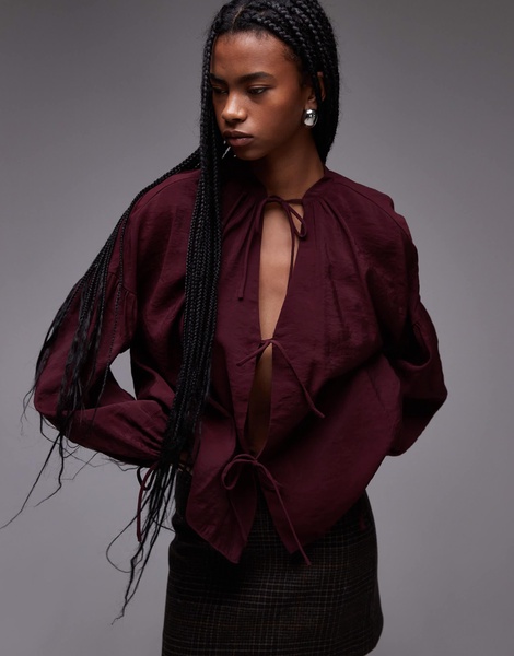 Topshop soft touch tie front top in burgundy