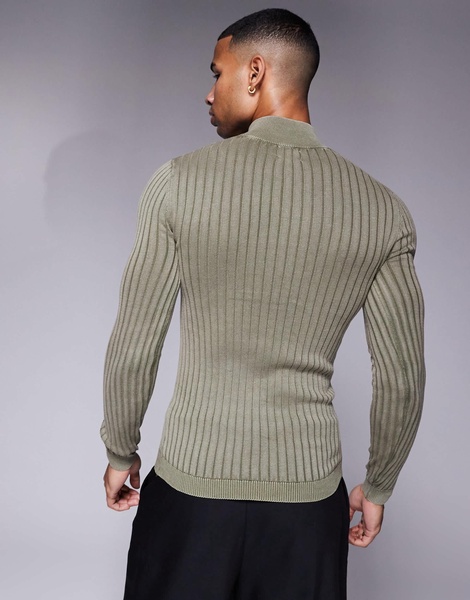 ASOS DESIGN knitted washed muscle rib quarter zip funnel sweater in khaki