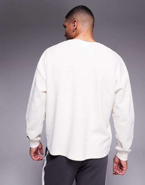 ASOS DESIGN oversized boxy long sleeve henley waffle T-shirt in cream