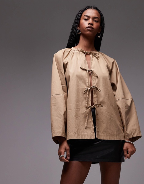 ARKET oversized blouse with bow front detail in dark beige