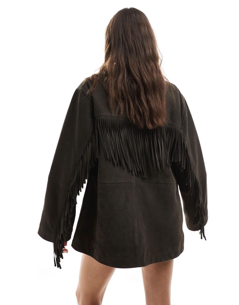 ASOS DESIGN premium suede tassel jacket in dark chocolate