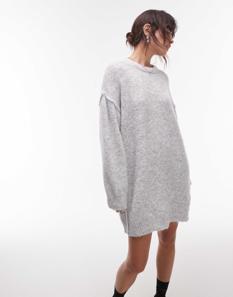 Topshop knitted oversized crew mini dress with exposed seam detail in ice gray