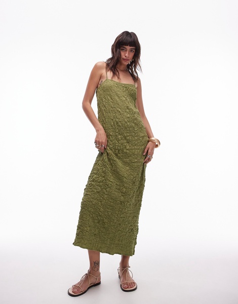 Topshop textured midi tie shoulder dress in khaki