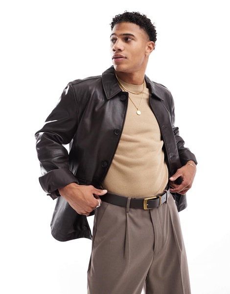 ASOS DESIGN Premium real leather harrington jacket in brown