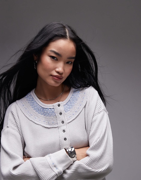 Free People stitch detail relaxed waffle henley sweatshirt in heather gray