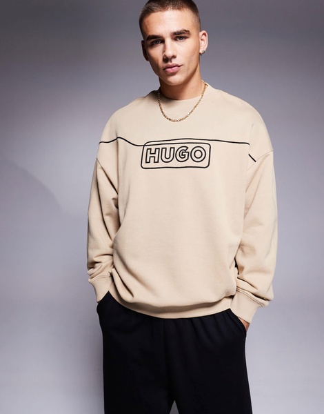 HUGO Blue Noideryos loose fit sweatshirt with line logo in beige