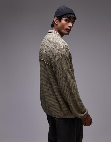 Topman mixed pattern crochet long sleeve polo with camp collar in khaki