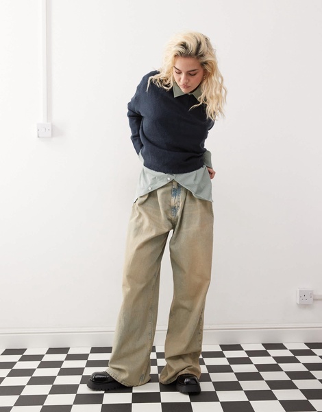COLLUSION v neck meet and greet sweater with arm rib in navy