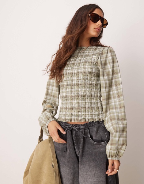 ASOS DESIGN shirred slash neck blouse in green plaid