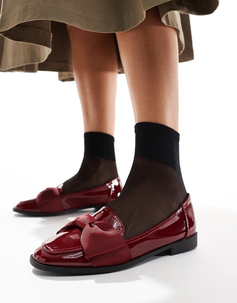 ASOS DESIGN Mentor bow loafer flat shoes in burgundy patent