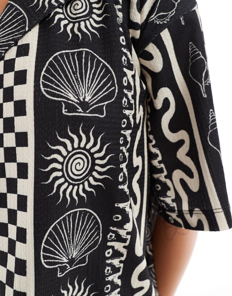 ASOS DESIGN boxy shirt with shell vacation print in mono - part of a set
