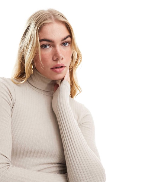 Bershka roll neck bodycon maxi dress in sand