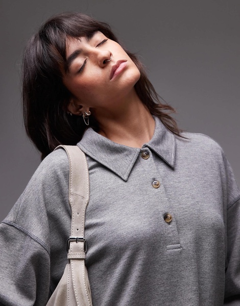 Topshop premium rib polo top in gray