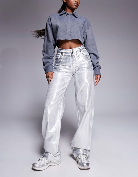 Armani Exchange metallic coated straight leg jeans in silver