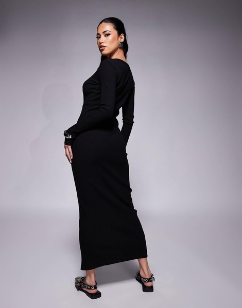 River Island Long Sleeve Button Up Midi Dress in black