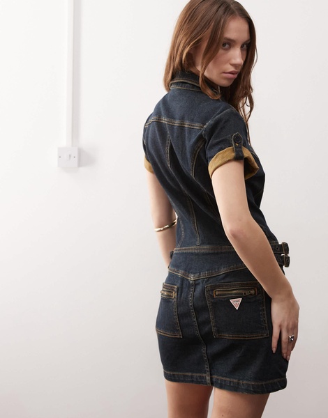 Guess Originals utility mini dress in darkwash blue denim