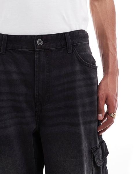 Bershka denim cargo shorts in black