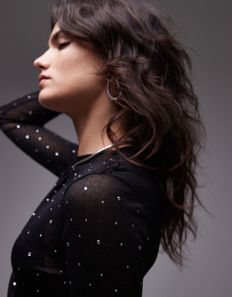 Mango embellished mesh long sleeve top in black