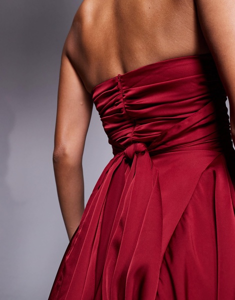 Aria Cove satin bandeau tie back cinch waist skater dress in red