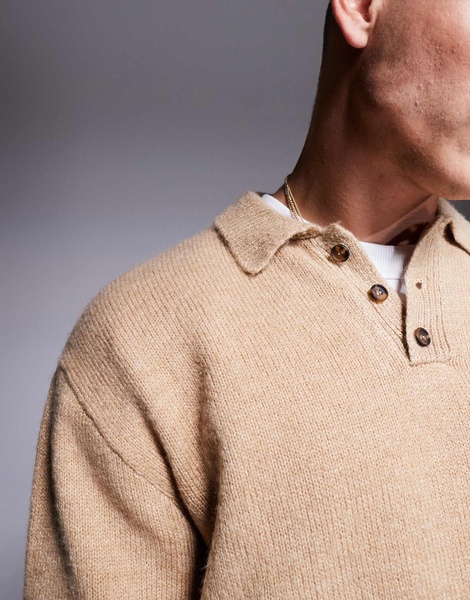ASOS DESIGN oversized boxy fit knit polo shirt in stone