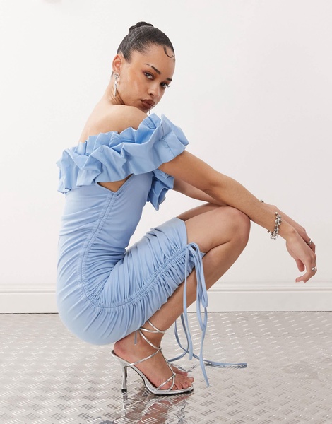 Amy Lynn 3D bardot ruched mini dress in blue