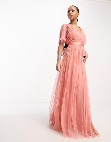 Anaya Bridesmaid flutter sleeve maxi dress in coral pink