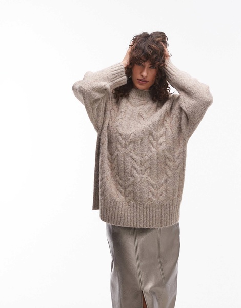 Topshop knit fluffy oversized cable sweater in oat