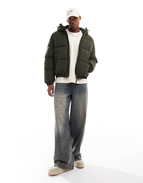 Bershka puffer jacket with hood in khaki