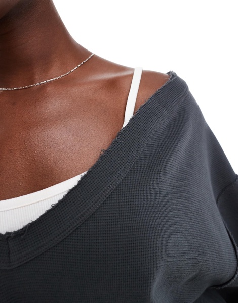 ASOS DESIGN waffle oversized off-shoulder V-neck sweatshirt in washed charcoal - part of a set