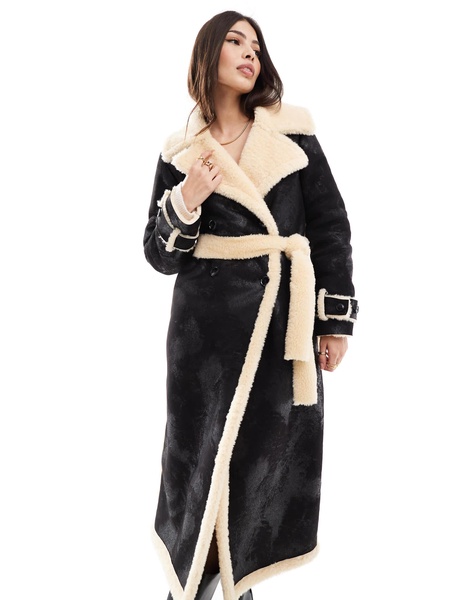 Miss Selfridge borg contrast belted maxi wrap coat in black