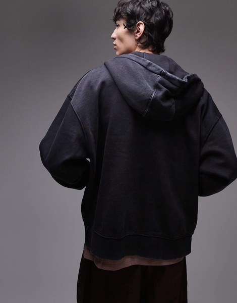 Topman premium heavyweight oversized fit acid wash zip up hoodie in washed black