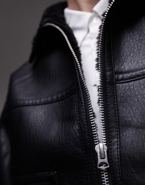 Topman faux leather shearling jacket with pocket detail in black