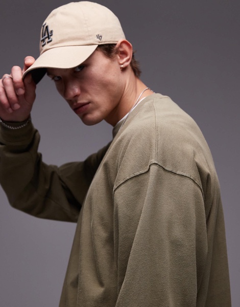 Topman oversized fit long sleeve t-shirt in washed khaki