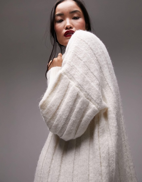 Topshop knitted chunky rib oversized funnel sweater in ivory