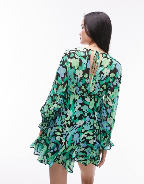 Topshop long sleeve godet mini tea dress in green floral print
