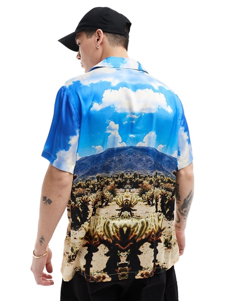 ASOS DESIGN relaxed deep revere satin shirt with scenic desert print