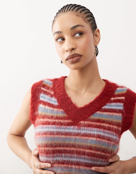 COLLUSION fluffy v neck knit tank top in burgundy