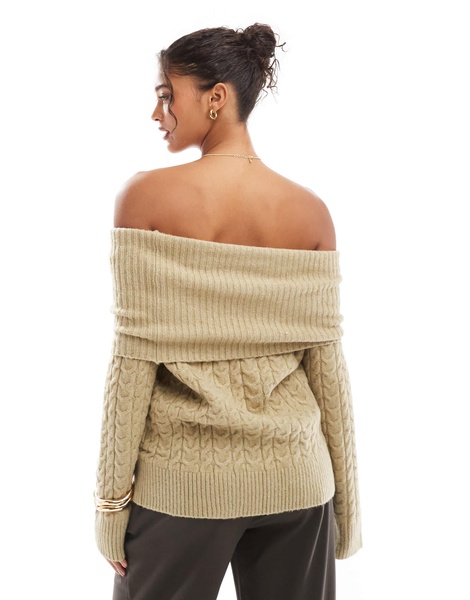 Bershka bardot cable knit sweater in khaki