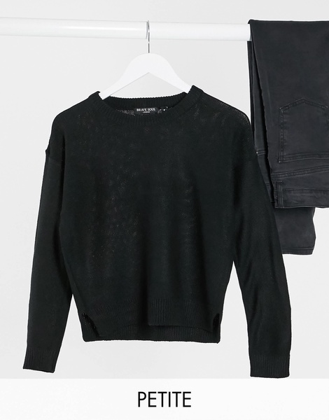 Brave Soul Petite grunge crew neck sweater in black