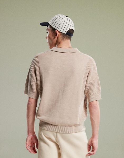 ASOS DESIGN relaxed boxy fit knit notch neck polo in stone