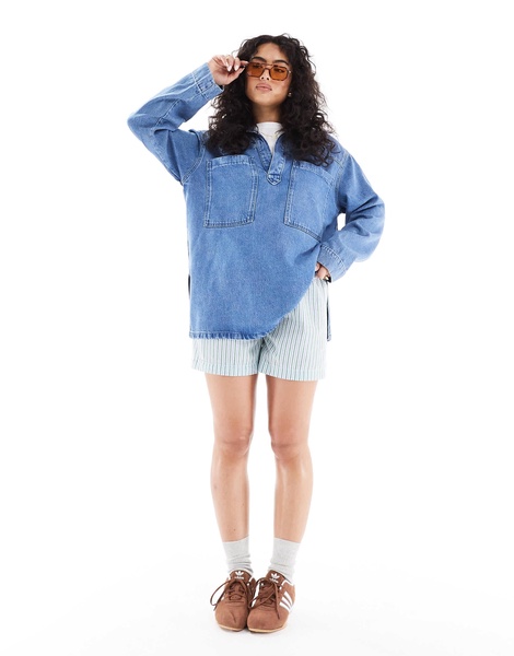 ASOS DESIGN denim rugby top in light wash blue