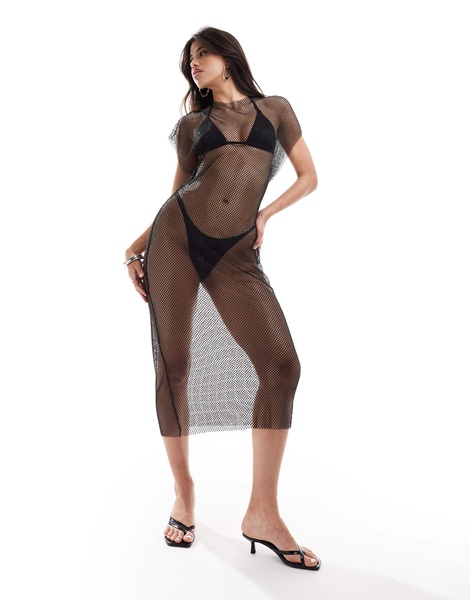 Aria Cove sleeveless high neck all over diamante mesh beach dress in black