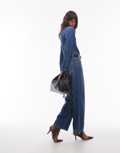 Topshop denim slim fit jumpsuit in mid blue