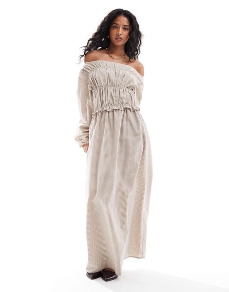 ASOS DESIGN shirred long sleeve maxi dress in brown gingham