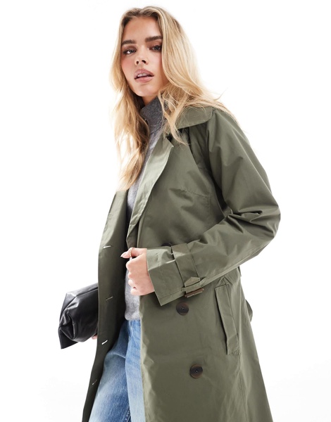 Brave Soul Petite longline belted trench in khaki