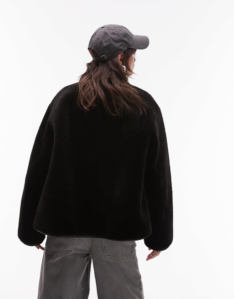 Mango funnel neck shearling jacket in black