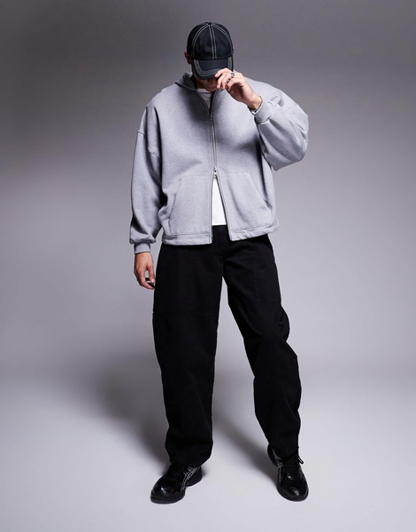 ASOS DESIGN premium heavyweight oversized zip through hoodie 400gsm with fixed hem in gray heather