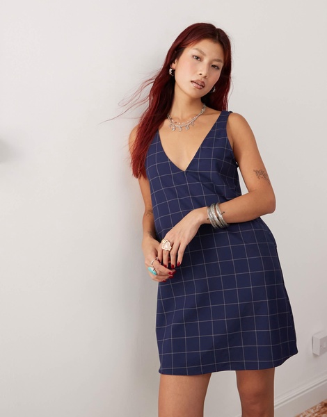 Monki pinafore mini dress in navy check pinstripe