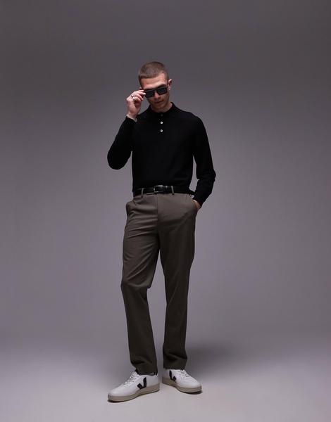 ARKET merino wool knit long sleeve polo shirt in black