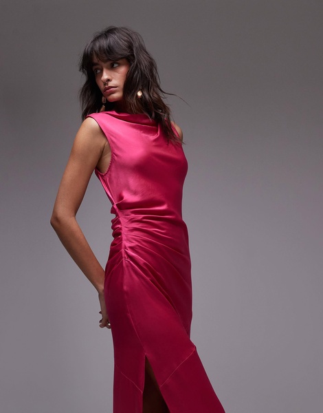 Topshop knot shoulder pintuck waist satin midi dress in pink